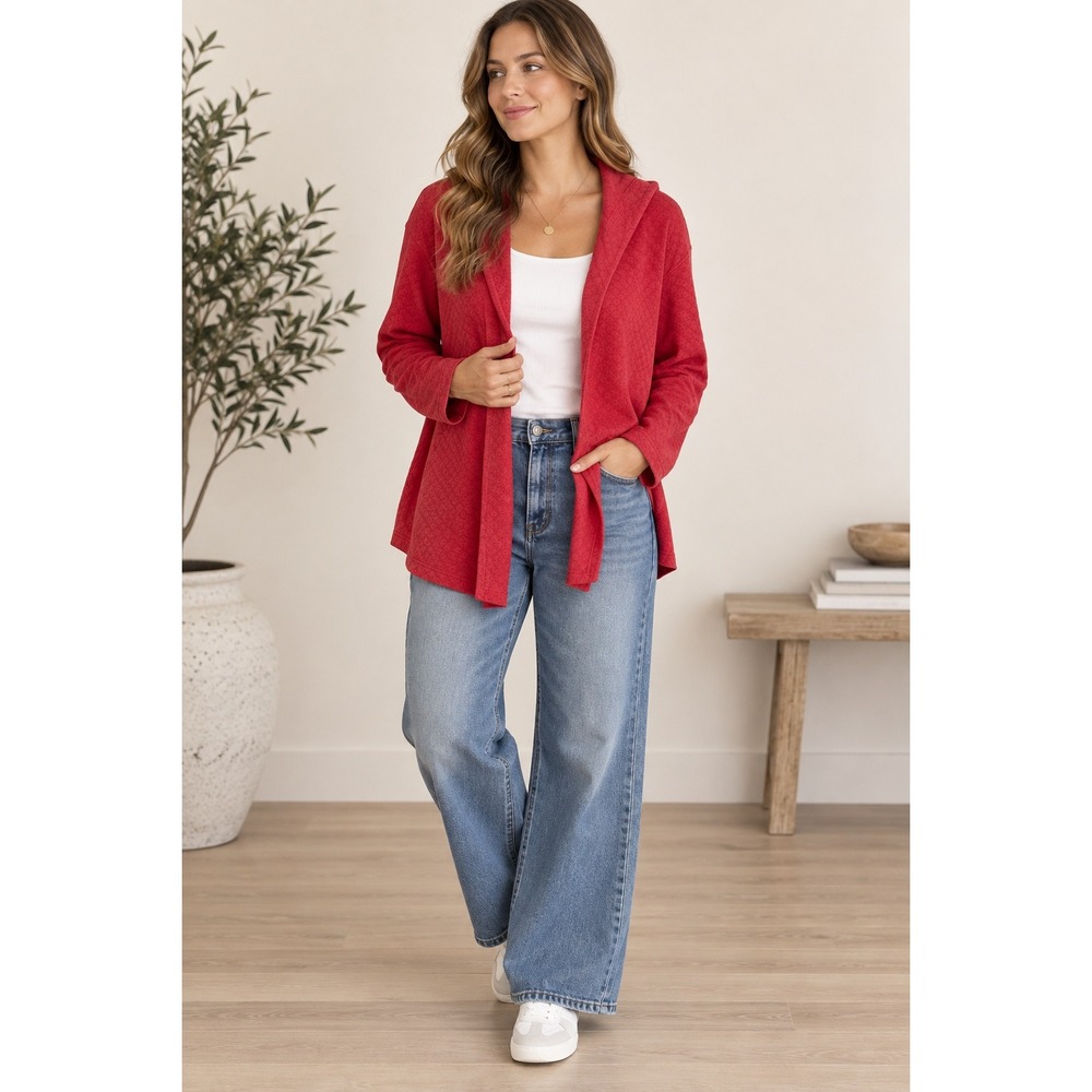 J.Jill Women's Large Red Hooded Open Front Cardigan Cotton Blend Textured Jacket